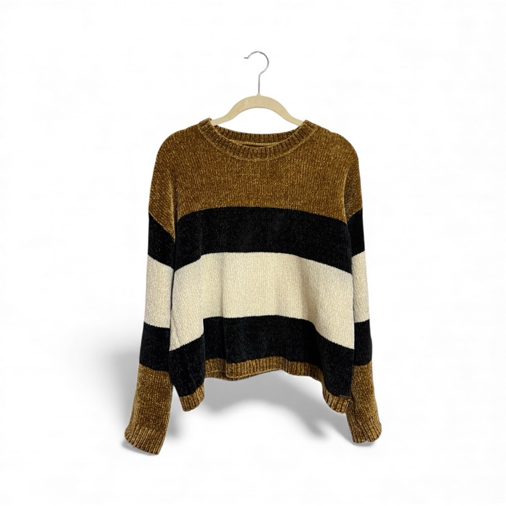 Volcom Bubble Tea Women's Chenille Knit Sweater in Brown, Black, and Cream Block